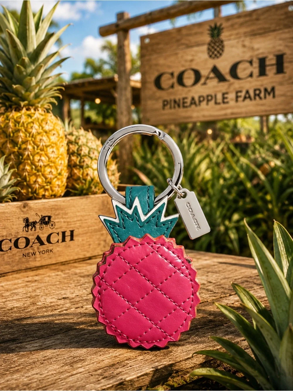 Coach Pink and Teal Pineapple Quilted Leather Keychain